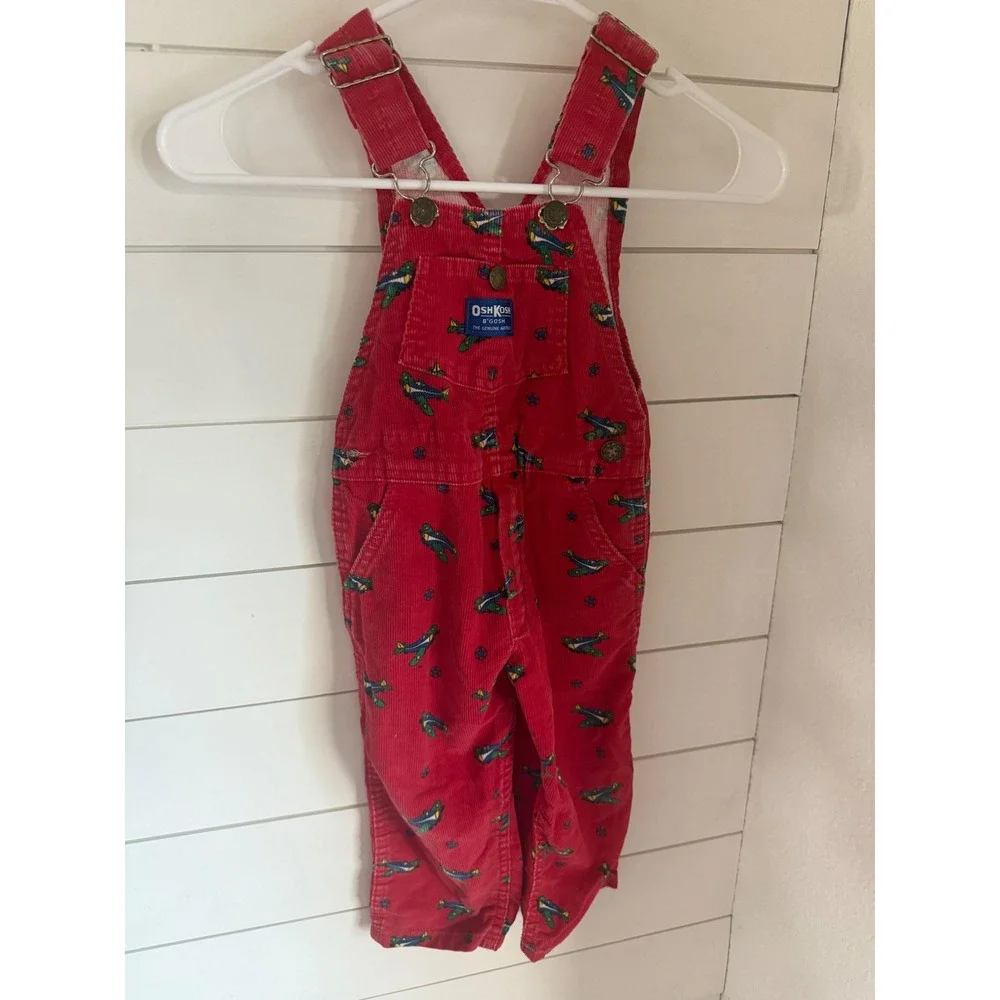 Vintage OshKosh‎ B'gosh Kids Red Corduroy Airplane Overalls Size 3T